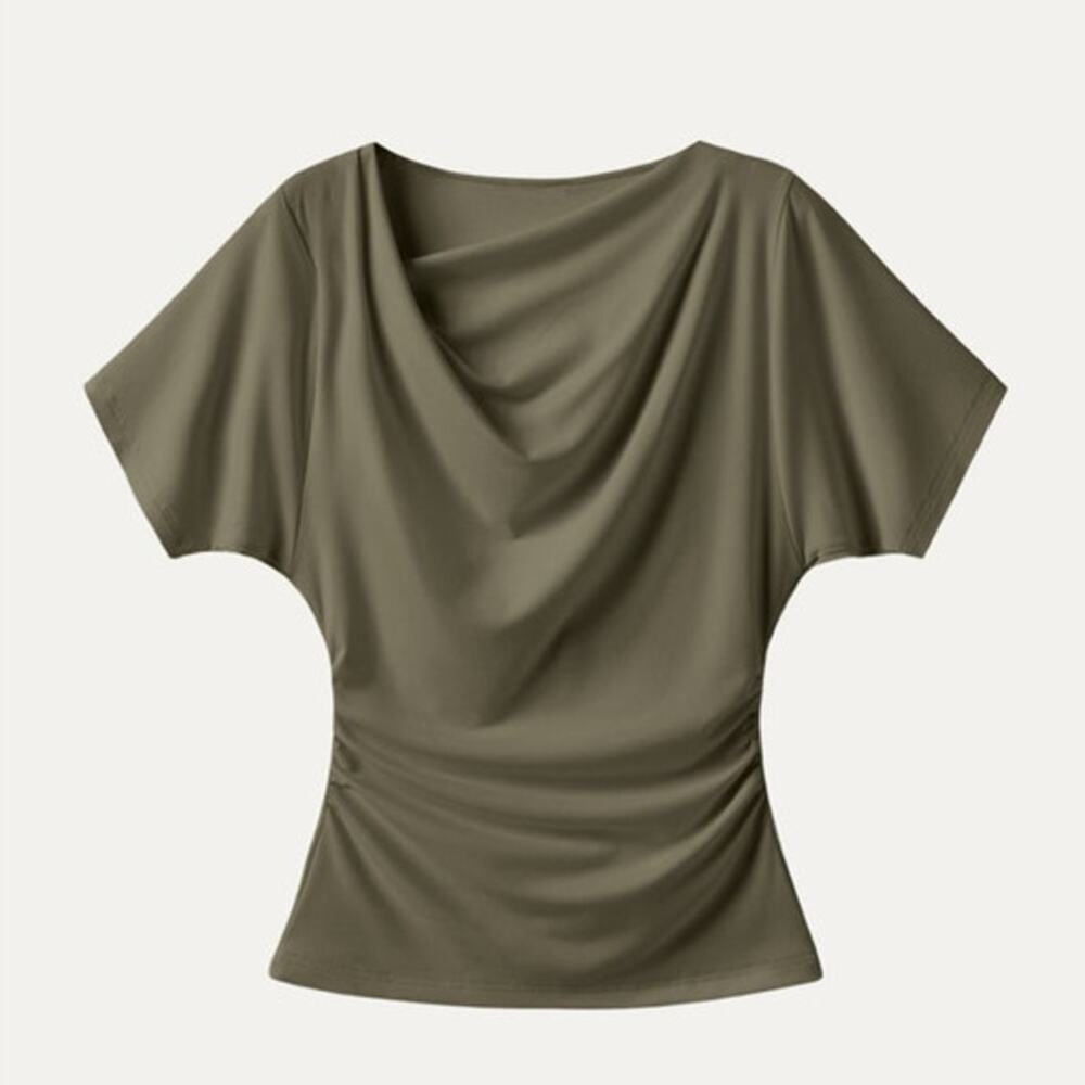 OGL Top Size M NEW Asymmetrical Cowl Neck Ruched Top Olive Green